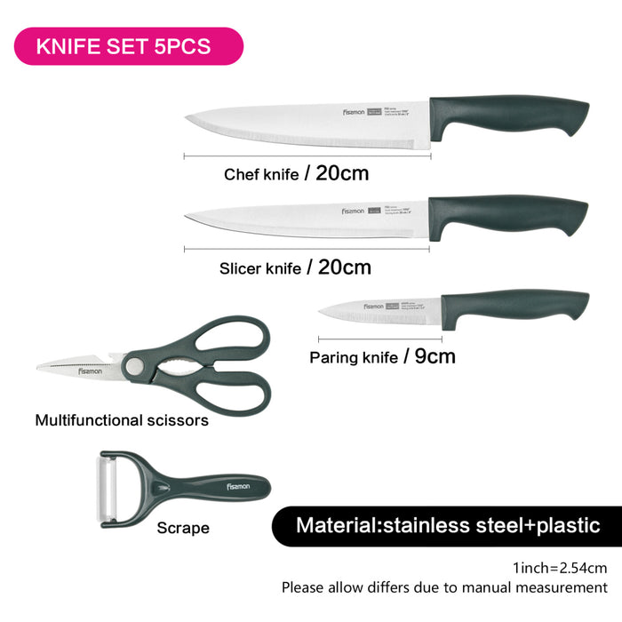 5-Piece Knife Set Agave 3cr13 Steel - 20cm Chef Knife, 20cm Slicer Knife, 9cm Paring Knife, Peeler, Multifunctional Scissor