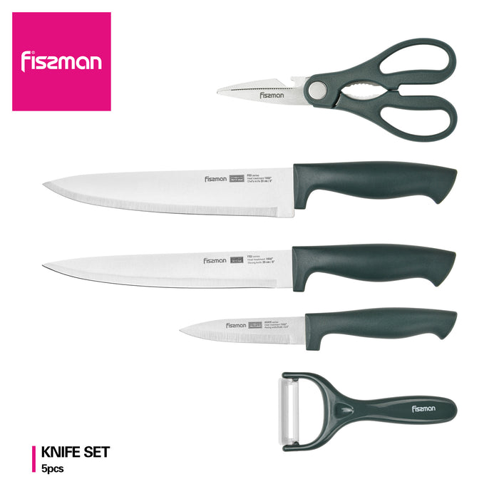 5-Piece Knife Set Agave 3cr13 Steel - 20cm Chef Knife, 20cm Slicer Knife, 9cm Paring Knife, Peeler, Multifunctional Scissor