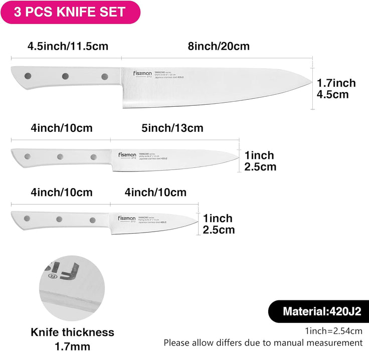 3-Piece Japanese Knife Set - 8" Chef Knife, 5" Utility Knife, 4" Paring Knife - Stainless Steel 420J2 Kitchen Knife Set Yamazaki Series