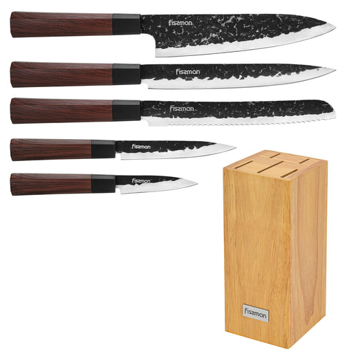 6-Piece Knife Set Solveig with Wooden Block 420J2 Steel, Chef Knife 20cm, Slicing Knife 20cm, Bread Knife 20cm, Utility Knife 13cm, Pairing Knife 9cm