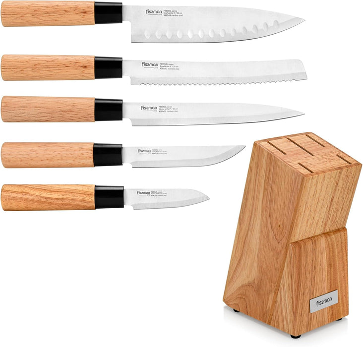 6-Piece Kitchen Knife Set with Wooden Block, Stainless Steel  Pascual Series Chef Knife, Slicing Knife, Bread Knife, Utility Knife, Paring Knife