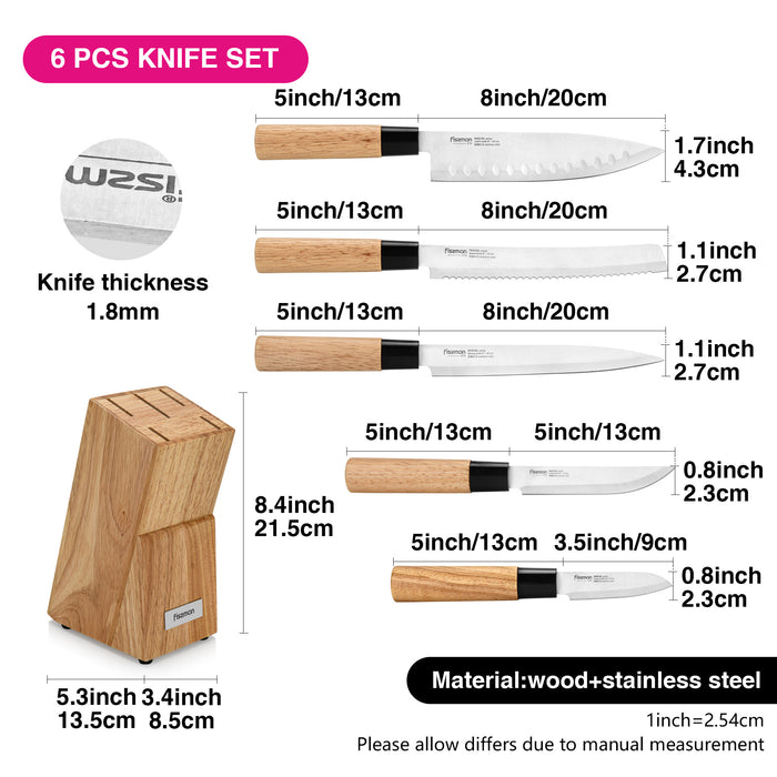 6-Piece Kitchen Knife Set with Wooden Block, Stainless Steel  Pascual Series Chef Knife, Slicing Knife, Bread Knife, Utility Knife, Paring Knife