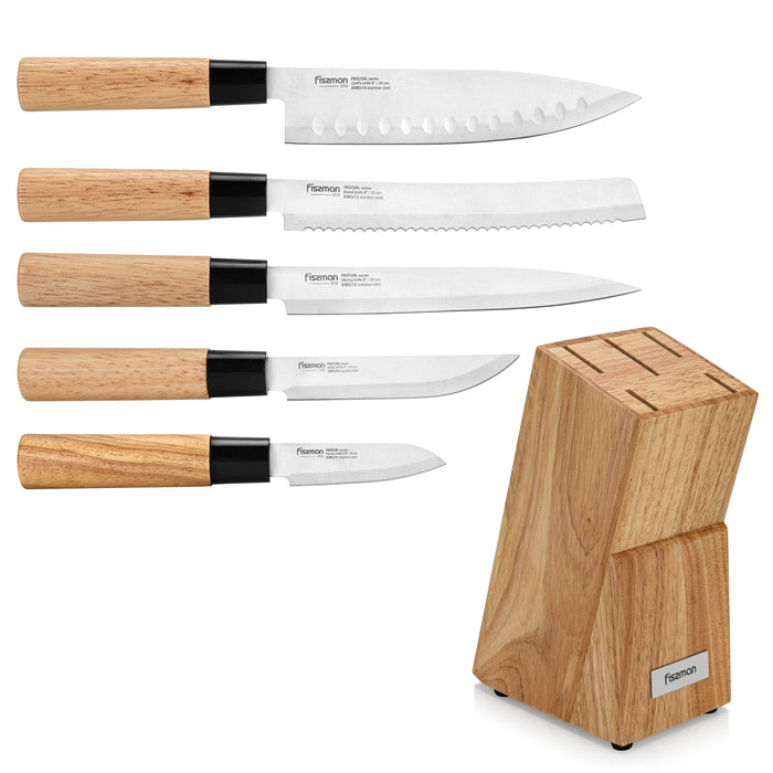 6-Piece Kitchen Knife Set with Wooden Block, Stainless Steel  Pascual Series Chef Knife, Slicing Knife, Bread Knife, Utility Knife, Paring Knife