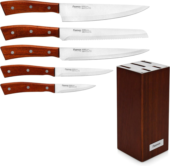 6-Piece Kitchen Knife Set with Wooden Block, Stainless Steel Pascual Series Chef Knife, Slicing Knife, Bread Knife, Utility Knife, Paring Knife