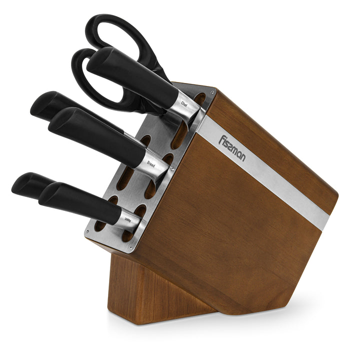 7-Piece Knife Set Diletto Series with Wooden Block with Chef Knife, Utility And Bread Knife 20cm, Santuko 18cm, Paring 9cm, And Scissor 22cm X50CrMoV15 Steel