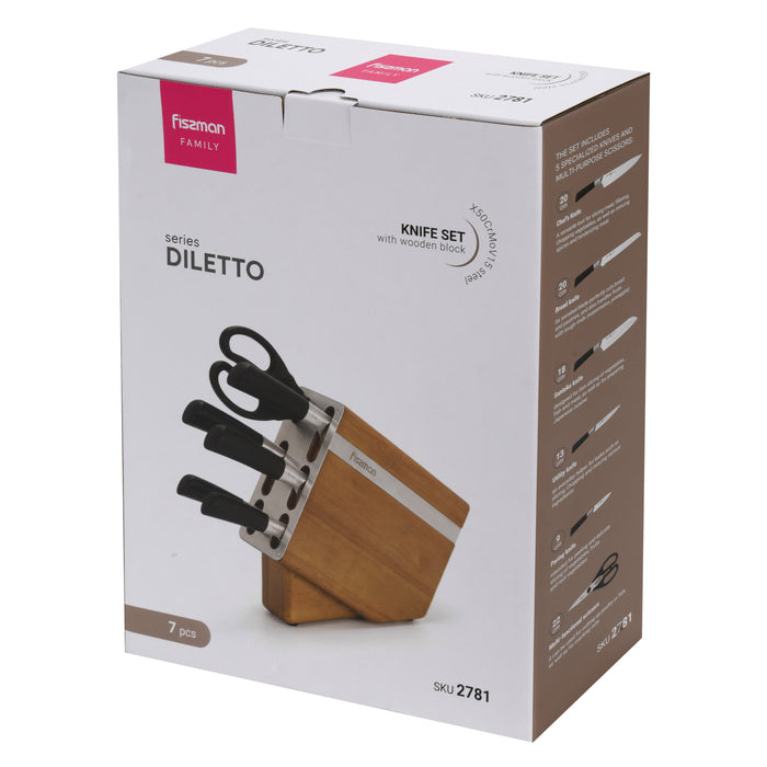 7-Piece Knife Set Diletto Series with Wooden Block with Chef Knife, Utility And Bread Knife 20cm, Santuko 18cm, Paring 9cm, And Scissor 22cm X50CrMoV15 Steel