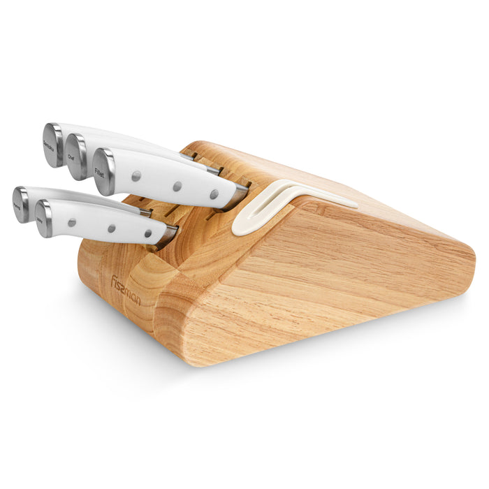 6-Piece Knife Set Tocco Series with Sharpener And Wooden Block with Chef Knife 20cm, Santuko 18cm, Utility 13cm, Paring 9cm And Fillet Knife 18cm X50CrMoV15 Steel