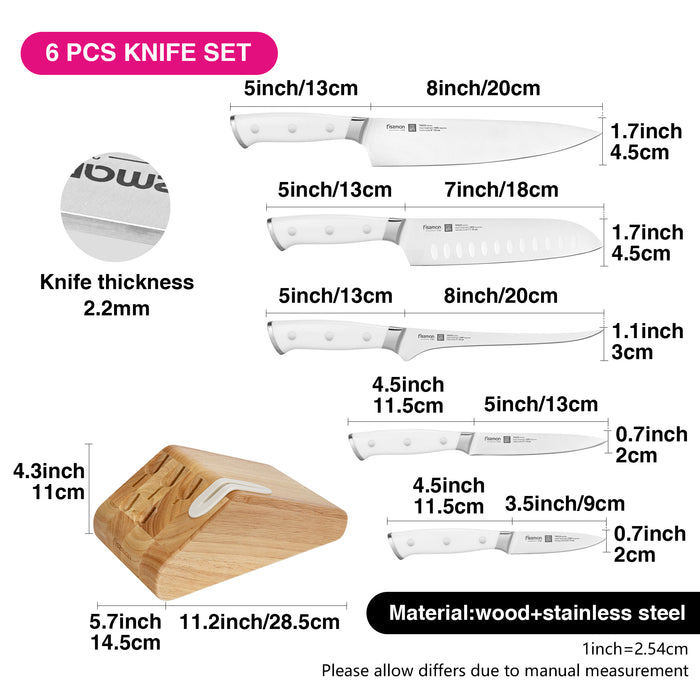 6-Piece Knife Set Tocco Series with Sharpener And Wooden Block with Chef Knife 20cm, Santuko 18cm, Utility 13cm, Paring 9cm And Fillet Knife 18cm X50CrMoV15 Steel