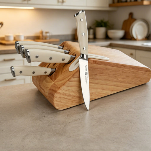 6-Piece Knife Set Tocco Series with Sharpener And Wooden Block with Chef Knife 20cm, Santuko 18cm, Utility 13cm, Paring 9cm And Fillet Knife 18cm X50CrMoV15 Steel