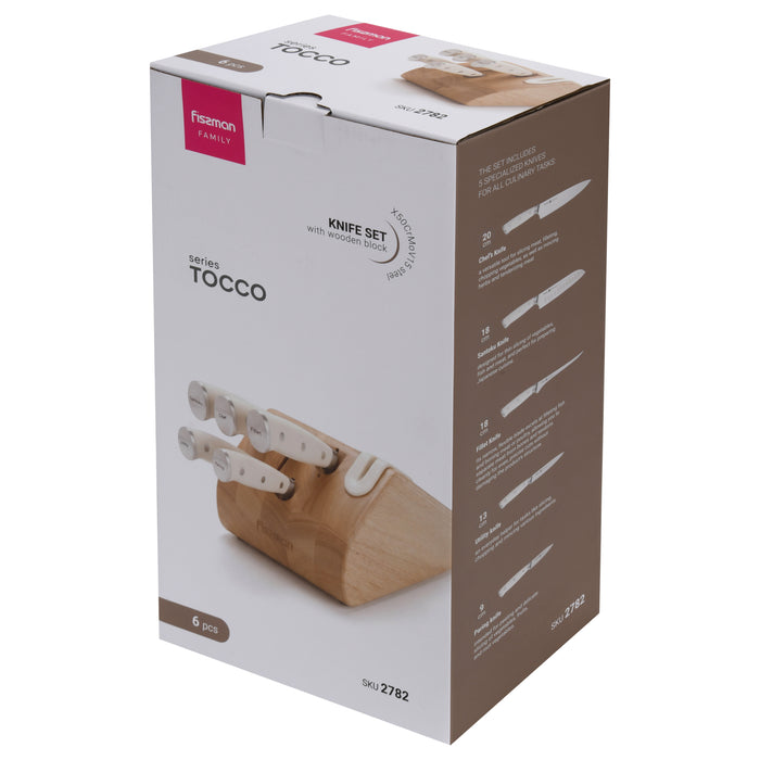 6-Piece Knife Set Tocco Series with Sharpener And Wooden Block with Chef Knife 20cm, Santuko 18cm, Utility 13cm, Paring 9cm And Fillet Knife 18cm X50CrMoV15 Steel
