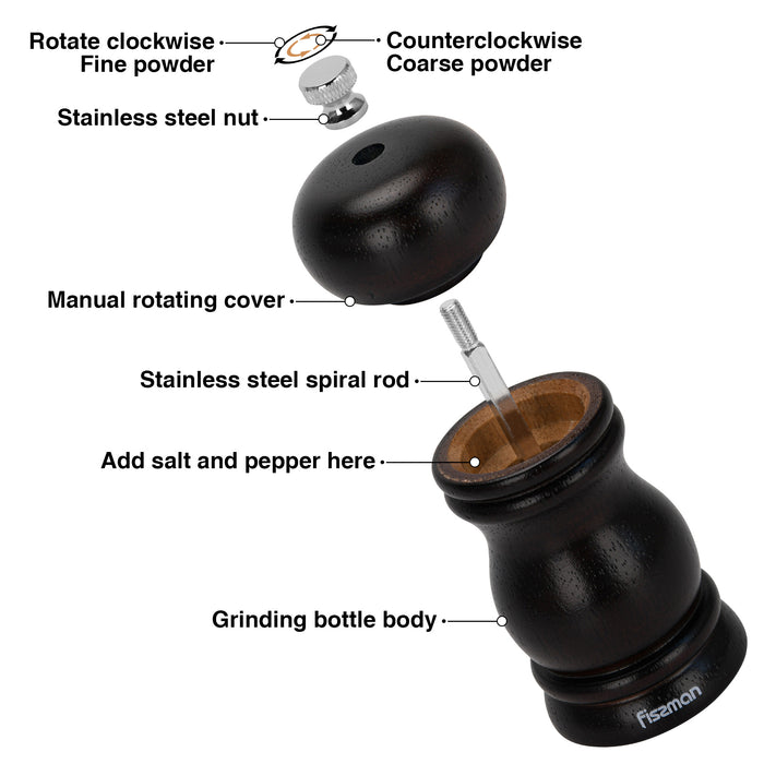 Pepper Mill Rubber Wood Body with S/S Grinder 11cm, Stylish With Simple Design For Restaurant or For Everyday Use, Natural Wood Material, Grinding Mechanism For Peppercorn And Dry Spices