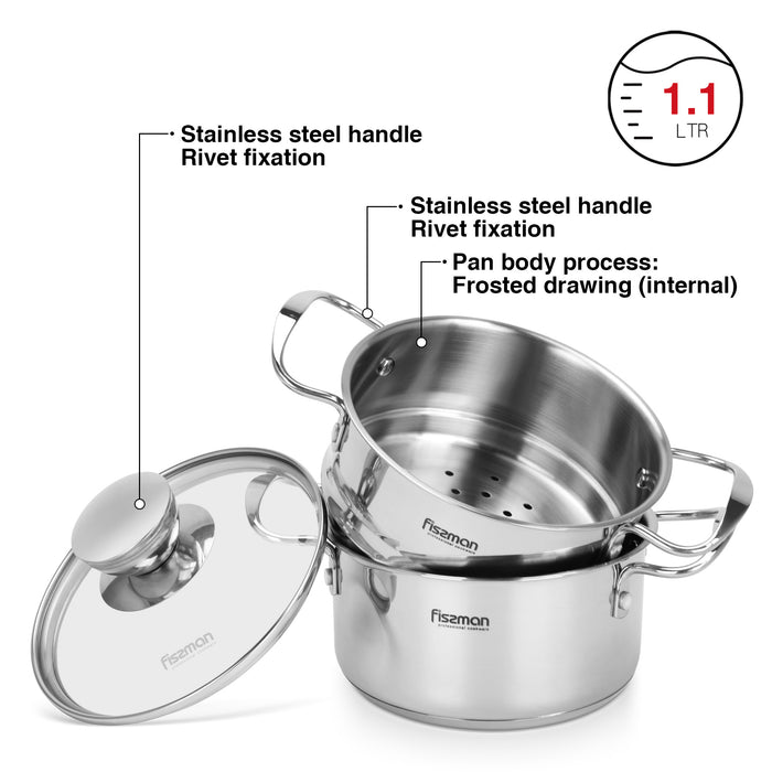 Cooking Pot 1.1L w/Steamer, Stainless Steel Stockpot with Glass Lid 14x7.0cm Mini Cook Series