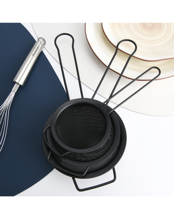 3-Piece Fine Mesh Black Strainer with Hanging Loop Set, 10cm, 12cm, and 14cm