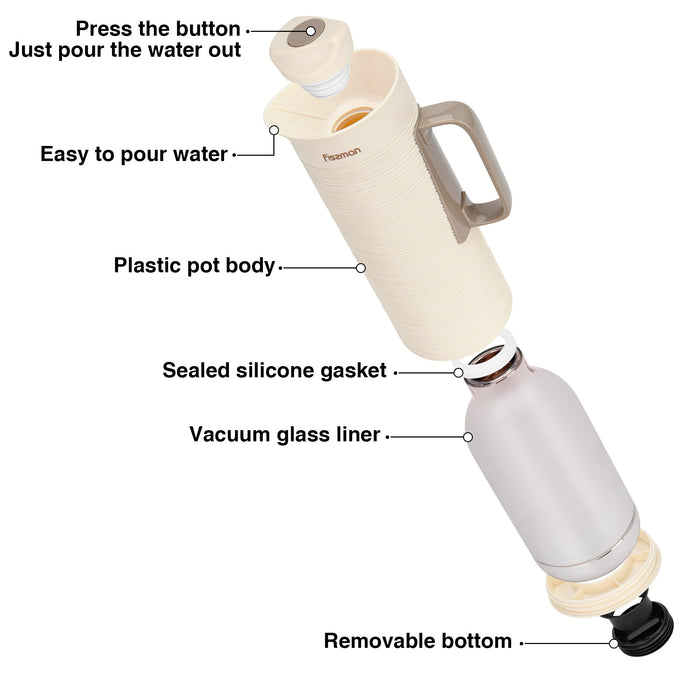 Vacuum Insulated Jug 1000mL, Insulated Flask, Modern Dallah, Plastic Body Case With  Glass Liner WHITE