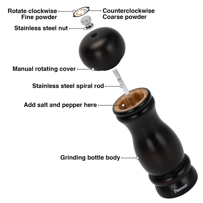 Pepper Mill Rubber Wood Body with S/S Grinder 16cm, Stylish With Simple Design For Restaurant or For Everyday Use, Natural Wood Material, Grinding Mechanism For Peppercorn And Dry Spices