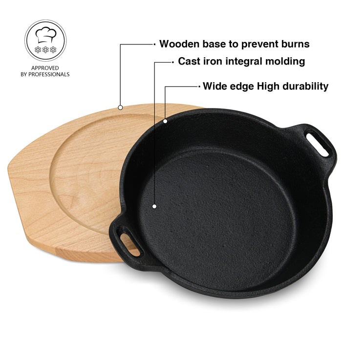 Cast Iron Pan 18x4.4 cm with Two Side Handles with Wooden Tray
