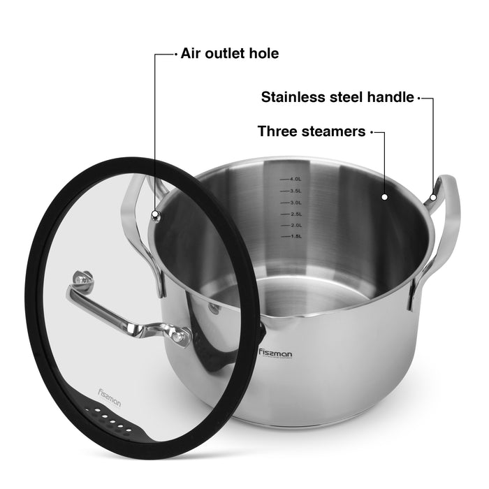 2-Piece Stockpot - 22cm/4.5L,16cm/1.4L - with Glass Lid, Stainless Steel Stockpot 4-Pieces Set Cookware Fabia Series