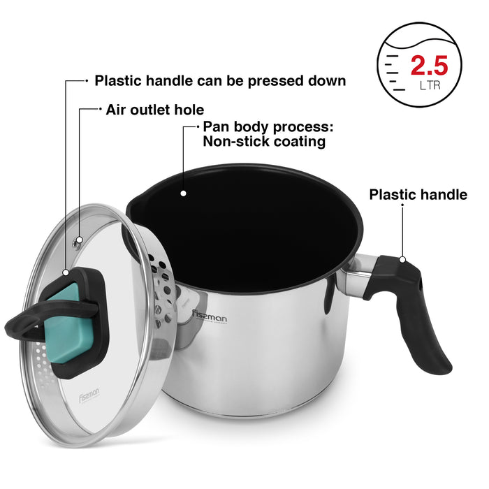 Milk Pot 16cm/2.5LTR With Glass Lid Stainless Steel