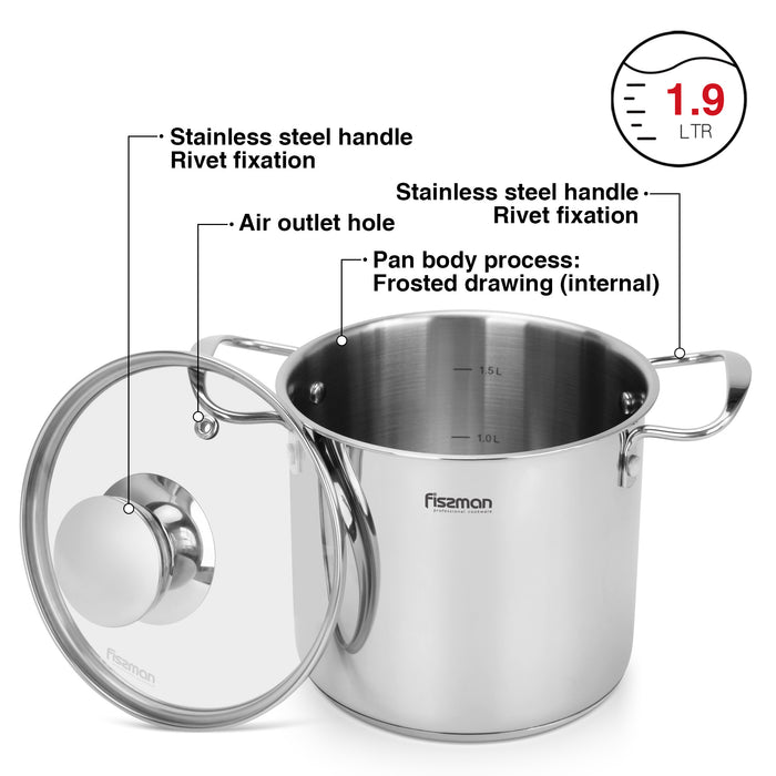 Cooking Pot 1.9L with Glass Lid, Stainless Steel Stockpot 14x12.5cm Mini Cook Series