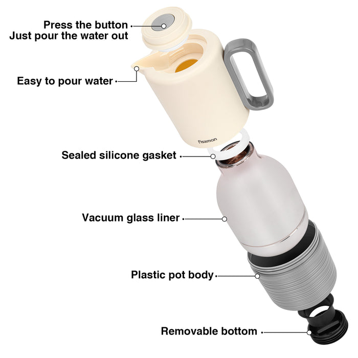 Vacuum Insulated Jug 1000mL, Insulated Flask, Modern Dallah, Plastic Body Case With  Glass Liner LIGHT GRAY