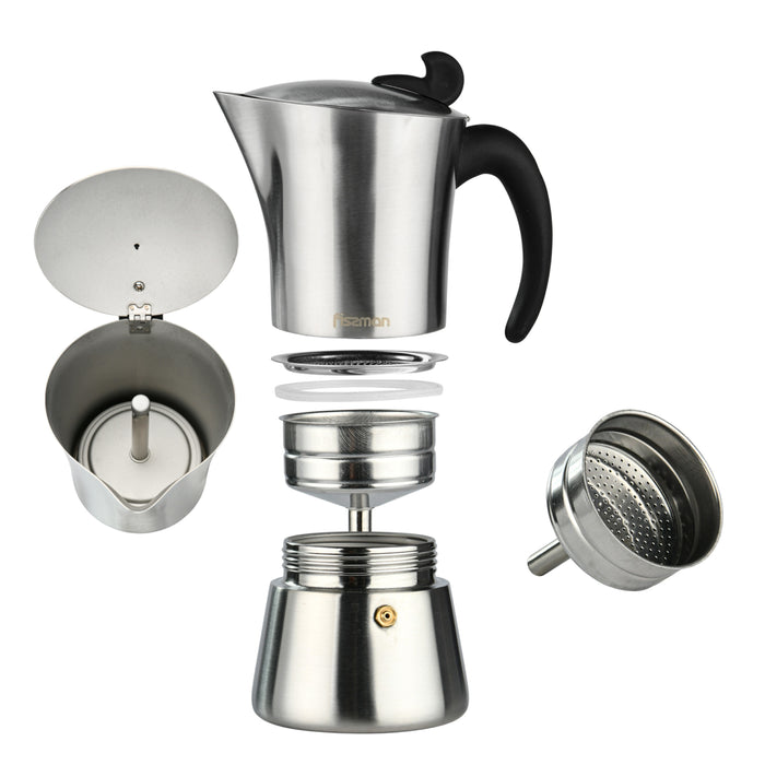 Stovetop Espresso maker for 6 cups / 360 ml (stainless steel) (Silver)