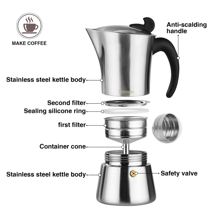 Stovetop Espresso maker for 6 cups / 360 ml (stainless steel) (Silver)