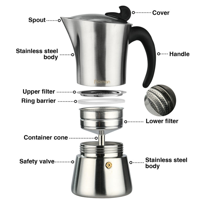 Stovetop Espresso maker for 6 cups / 360 ml (stainless steel) (Silver)