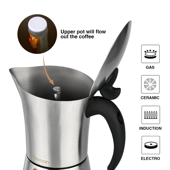 Stovetop Espresso maker for 6 cups / 360 ml (stainless steel) (Silver)