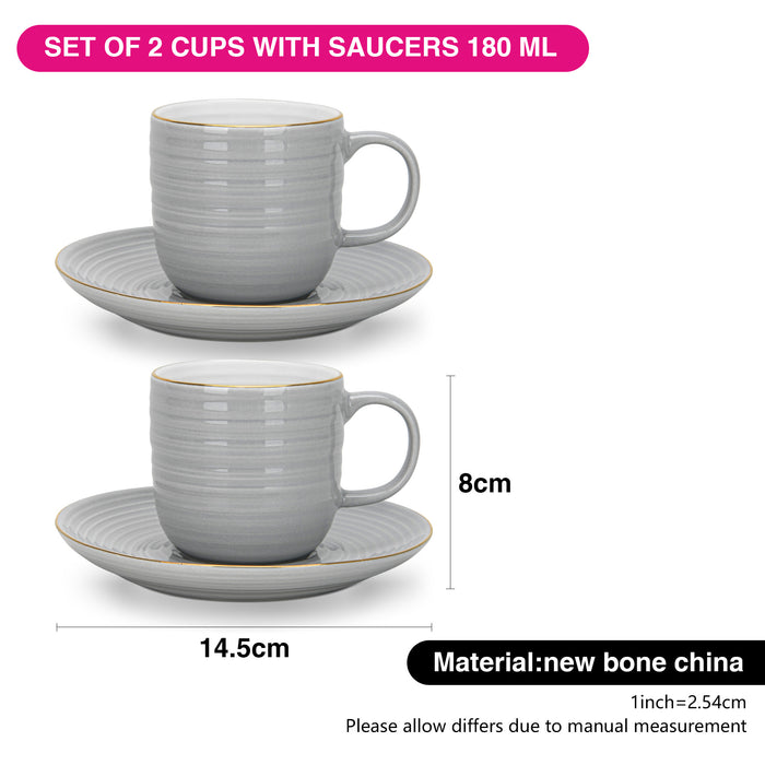 2-Piece Cups Firmina Gray 180ml with Saucers New Bone China