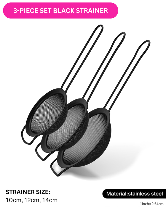 3-Piece Fine Mesh Black Strainer with Hanging Loop Set, 10cm, 12cm, and 14cm