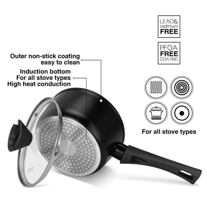 Sauce Pan Angela 16cm/1.39 LTR With Glass Lid Aluminium With Non-Stick Coating