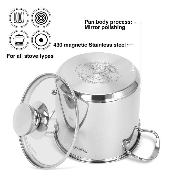Cooking Pot 1.9L with Glass Lid, Stainless Steel Stockpot 14x12.5cm Mini Cook Series