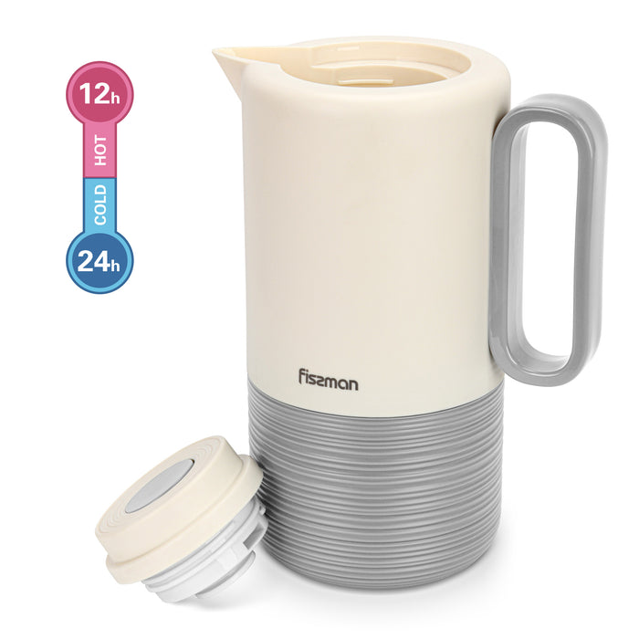 Vacuum Insulated Jug 1000mL, Insulated Flask, Modern Dallah, Plastic Body Case With  Glass Liner LIGHT GRAY