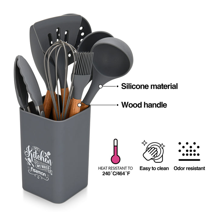 9-Piece Kitchen Utensil Set with Holder Rack, Silicone Cooking Kitchen Tool Set with Wooden Handle