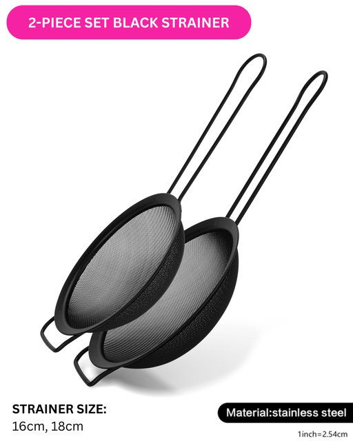 2-Piece Fine Mesh Black Strainer with Hanging Loop Set, 16cm,and 18cm