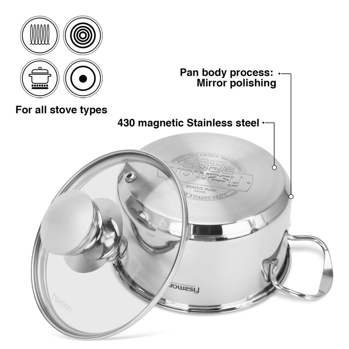 Cooking Pot 1.9L with Glass Lid, Stainless Steel Stockpot 14x12.5cm Mini Cook Series
