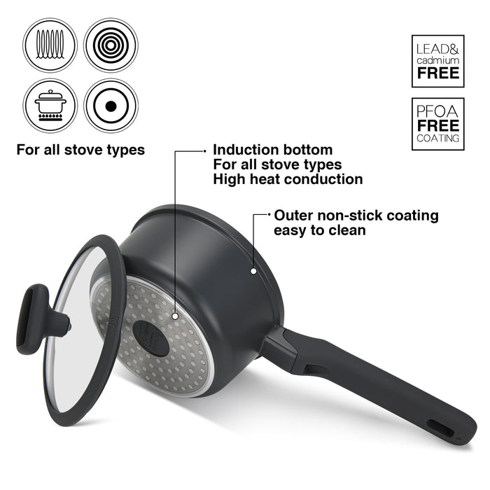 Saucepan Titanium Pro 16cm/1.4LTR With Glass Lid with Cast Aluminum and Non- Stick Coating