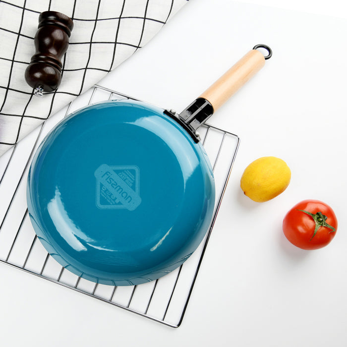 Frying Pan 28cm With Enameled Lightweight Non Stick Cast Iron And Wooden Handle