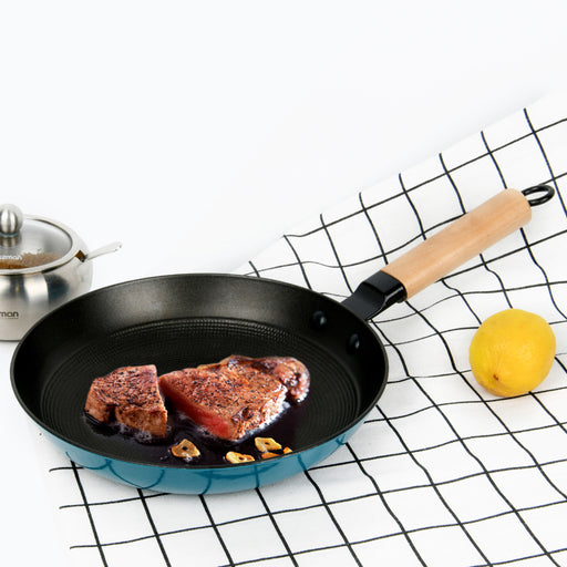 Frying Pan 28cm With Enameled Lightweight Non Stick Cast Iron And Wooden Handle