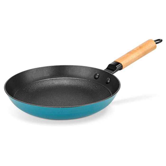 Frying Pan 24cm SEAGREEN with Wooden Handle Enameled Lightweight Cast Iron