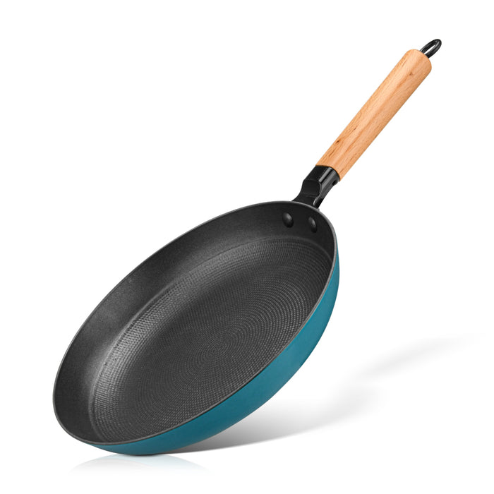 Frying Pan 28cm With Enameled Lightweight Non Stick Cast Iron And Wooden Handle