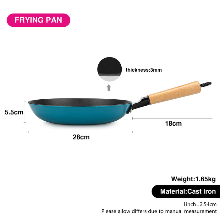 Frying Pan 28cm With Enameled Lightweight Non Stick Cast Iron And Wooden Handle