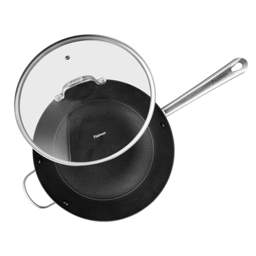 Wok MELITA 30cm /4.2 LTR with Glass And Lightweight Cast Iron And Natural Non Stick Coating