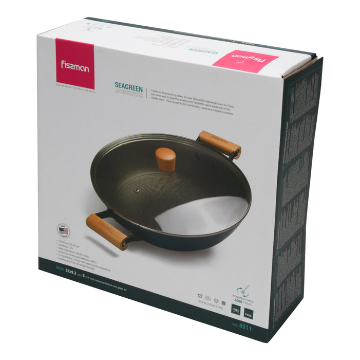 Wok SEAGREEN 32x9.2cm/5L with Glass Lid Enamelled Lightweight Cast Iron with Non-Stick Coating