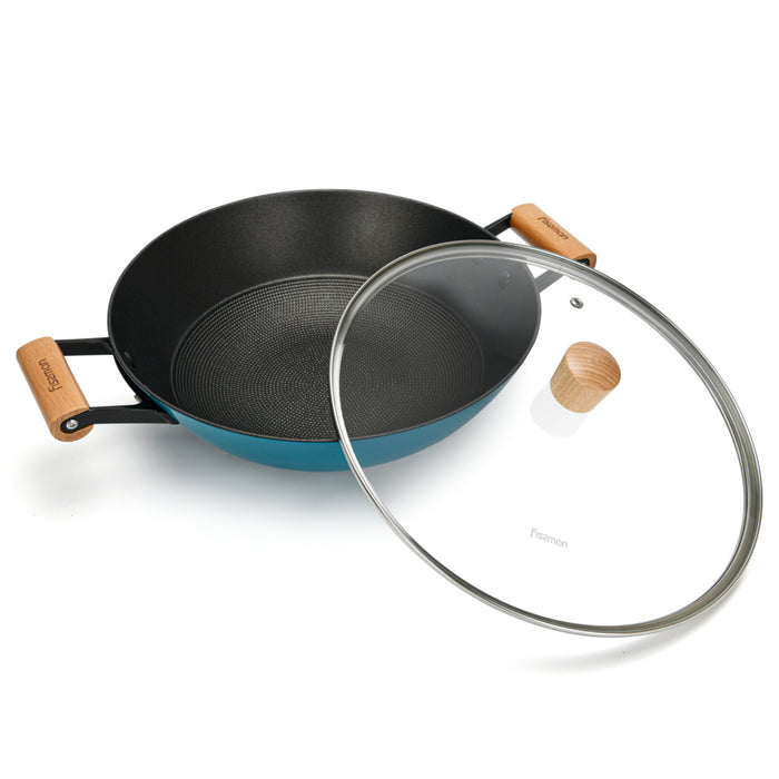 Wok SEAGREEN 32x9.2cm/5L with Glass Lid Enamelled Lightweight Cast Iron with Non-Stick Coating
