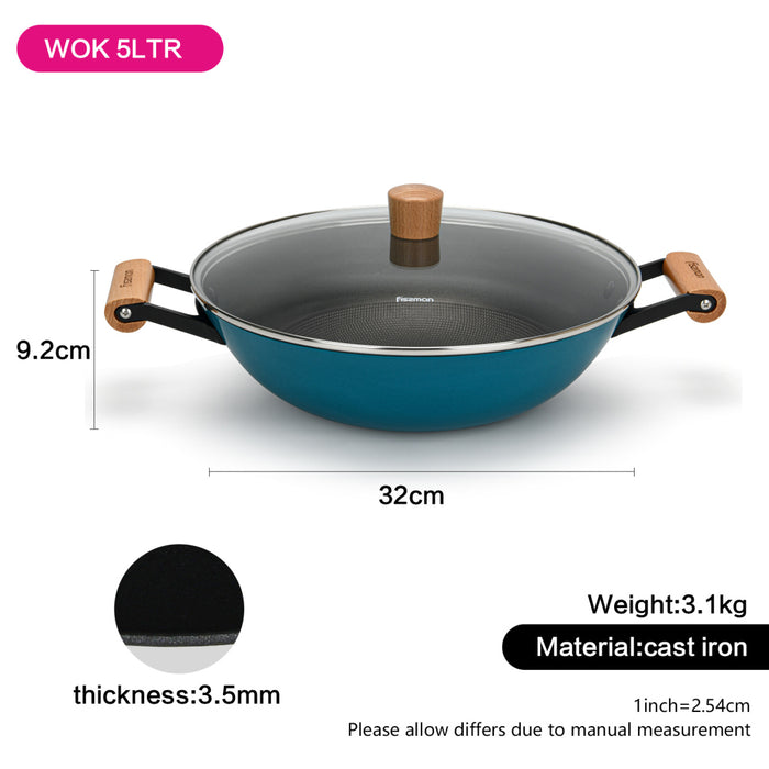 Wok SEAGREEN 32x9.2cm/5L with Glass Lid Enamelled Lightweight Cast Iron with Non-Stick Coating