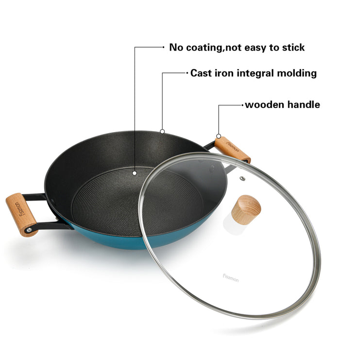 Wok SEAGREEN 32x9.2cm/5L with Glass Lid Enamelled Lightweight Cast Iron with Non-Stick Coating