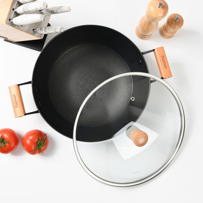 Wok SEAGREEN 32x9.2cm/5L with Glass Lid Enamelled Lightweight Cast Iron with Non-Stick Coating