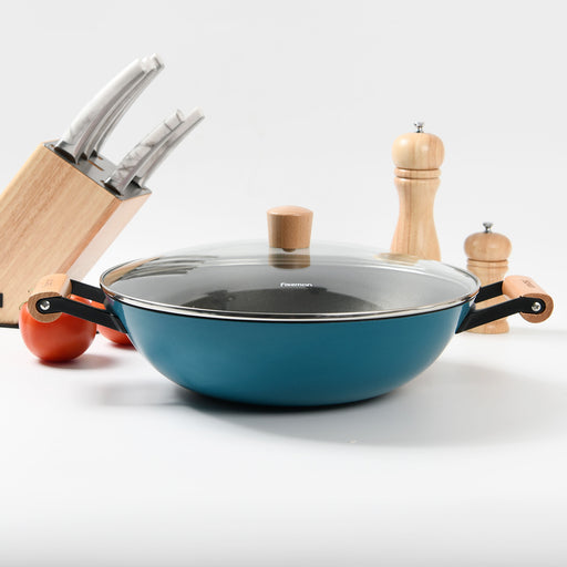 Wok SEAGREEN 32x9.2cm/5L with Glass Lid Enamelled Lightweight Cast Iron with Non-Stick Coating