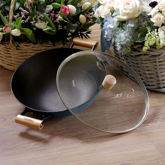 Wok SEAGREEN 32x9.2cm/5L with Glass Lid Enamelled Lightweight Cast Iron with Non-Stick Coating